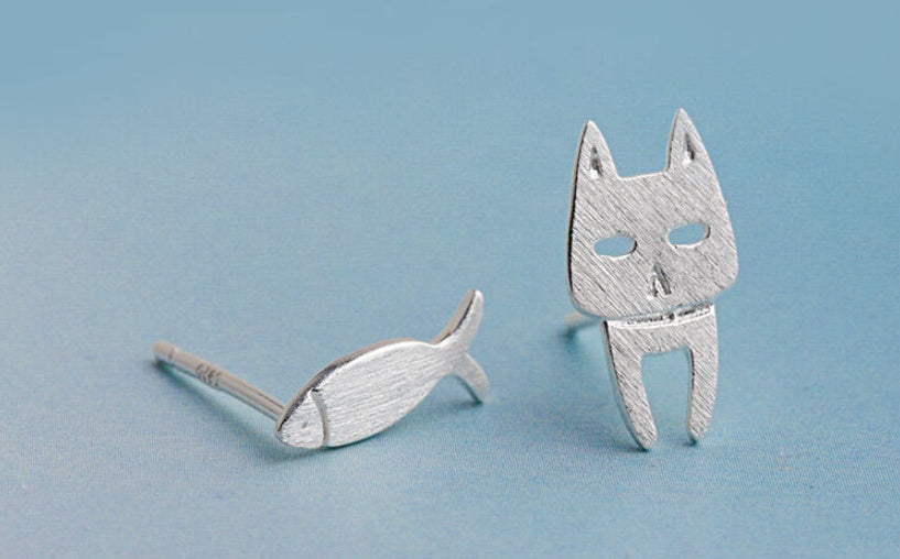 ✨ Boucles d'Oreilles Argent 925 - Design Élégant avec Chats et Poissons Amovibles, Style Original et Unique 🐾