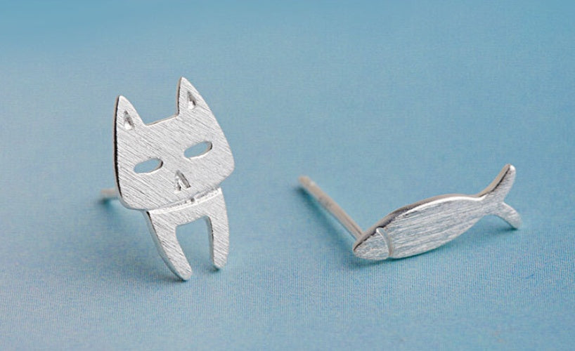 ✨ Boucles d'Oreilles Argent 925 - Design Élégant avec Chats et Poissons Amovibles, Style Original et Unique 🐾
