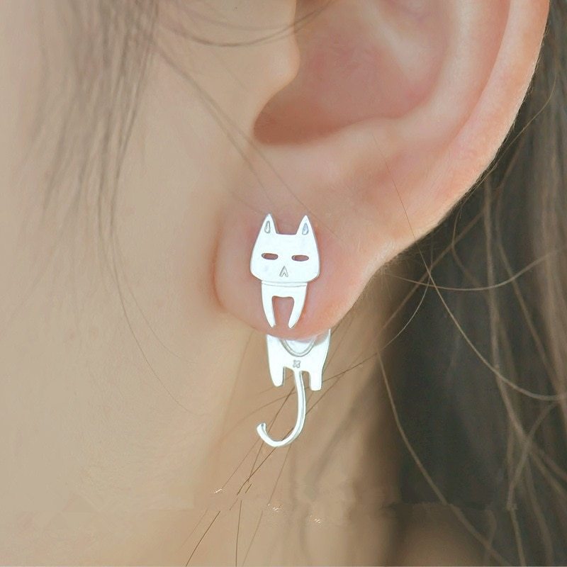 ✨ Boucles d'Oreilles Argent 925 - Design Élégant avec Chats et Poissons Amovibles, Style Original et Unique 🐾