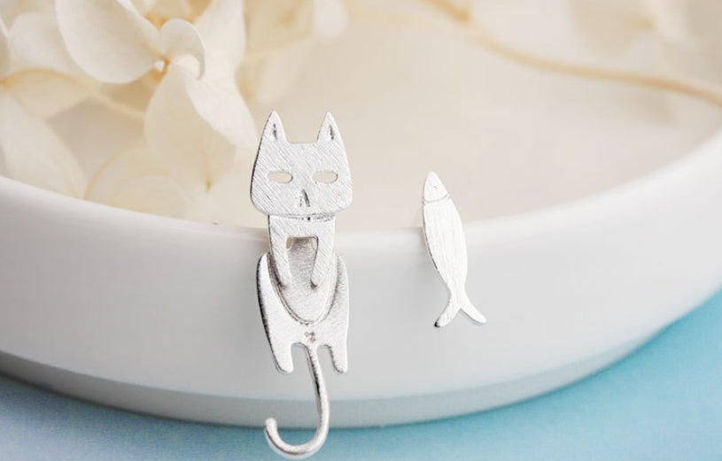 ✨ Boucles d'Oreilles Argent 925 - Design Élégant avec Chats et Poissons Amovibles, Style Original et Unique 🐾