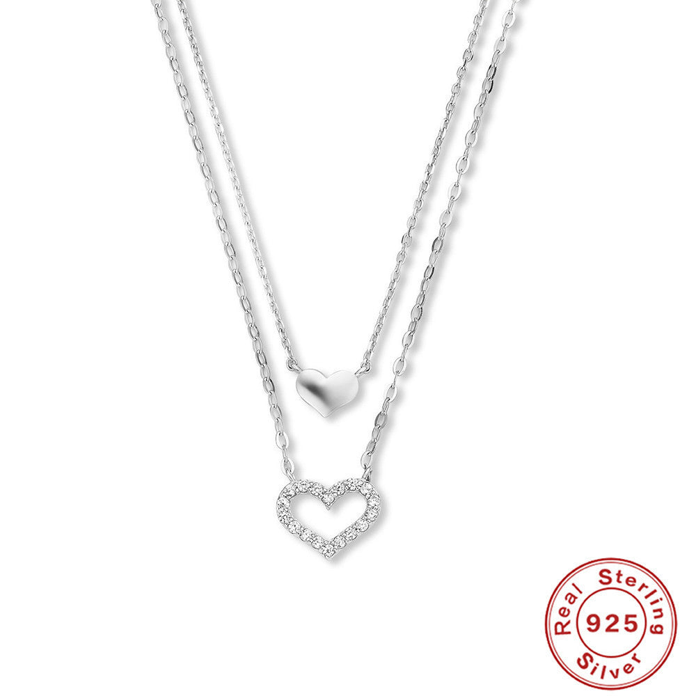 Collier en Argent Sterling Cœur Creux Double Couche - Design Élégant avec Diamant, Chic et Raffiné