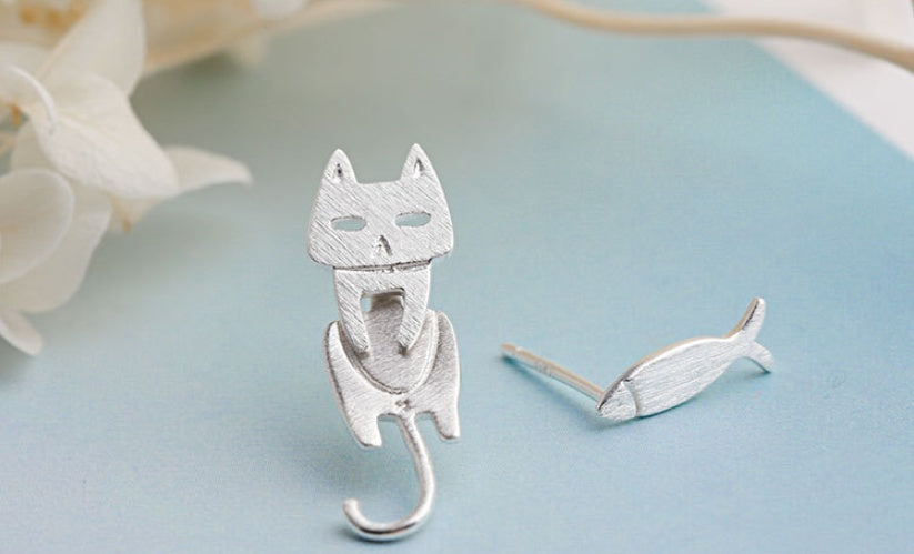 ✨ Boucles d'Oreilles Argent 925 - Design Élégant avec Chats et Poissons Amovibles, Style Original et Unique 🐾