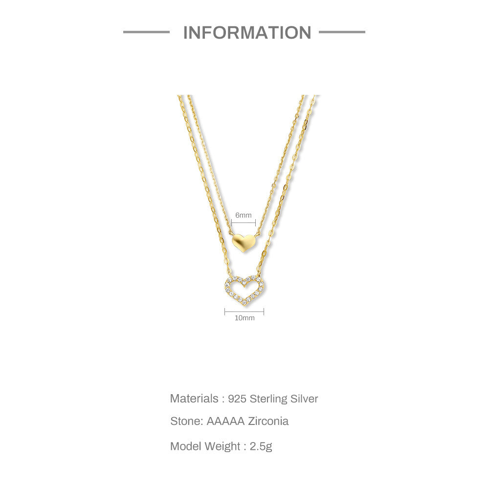 Collier en Argent Sterling Cœur Creux Double Couche - Design Élégant avec Diamant, Chic et Raffiné