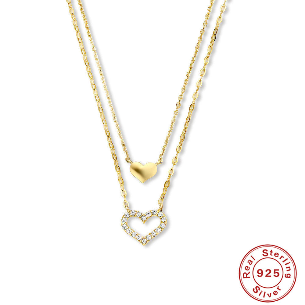 Collier en Argent Sterling Cœur Creux Double Couche - Design Élégant avec Diamant, Chic et Raffiné