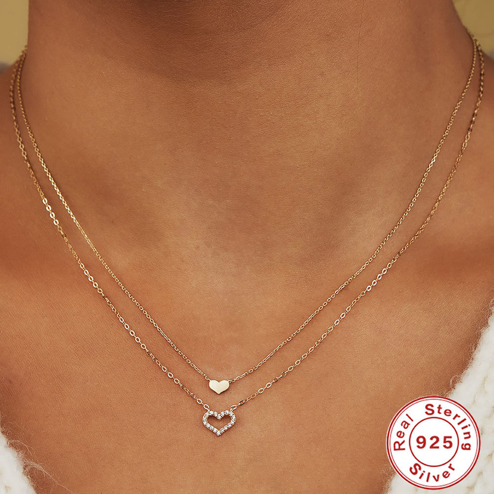 Collier en Argent Sterling Cœur Creux Double Couche - Design Élégant avec Diamant, Chic et Raffiné
