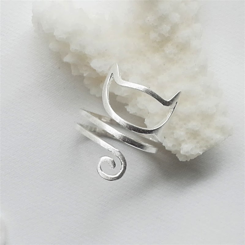 ✨ Élégante Bague Chat Féline en Argent Sterling S925 – Design Enveloppant, Finition Brosse, Cadeau Unique et Raffiné 💎