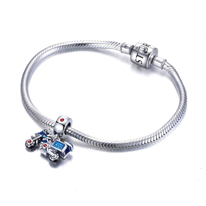 🌟 Bracelet en Argent Sterling S925 - Pendentif Moto Bleue Tendance, Fait Main, Accessoire Unique et Stylé