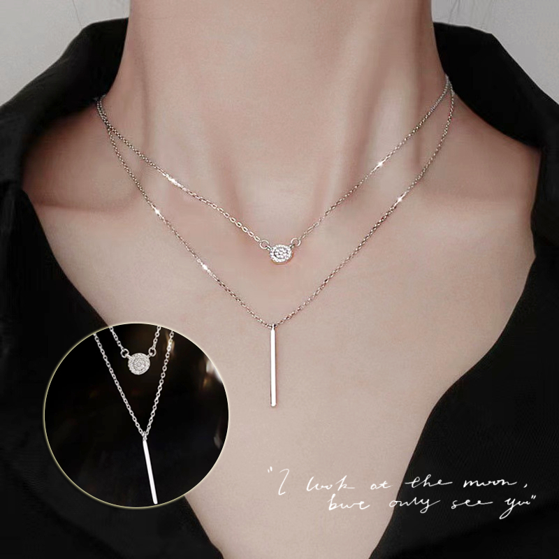 🌟 Collier Élégant Double Chaîne en Argent 925 - Pendentif Rond Zircon Raffiné, Parfait pour un Look Chic et Tendance