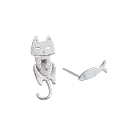 ✨ Boucles d'Oreilles Argent 925 - Design Élégant avec Chats et Poissons Amovibles, Style Original et Unique 🐾