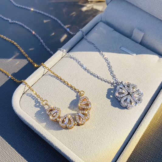 ✨ Collier Coeur Magnétique Rétro - Élégance Symbolique, Trèfle Porte-Bonheur 🍀 Cadeau Raffiné et Romantique 💖