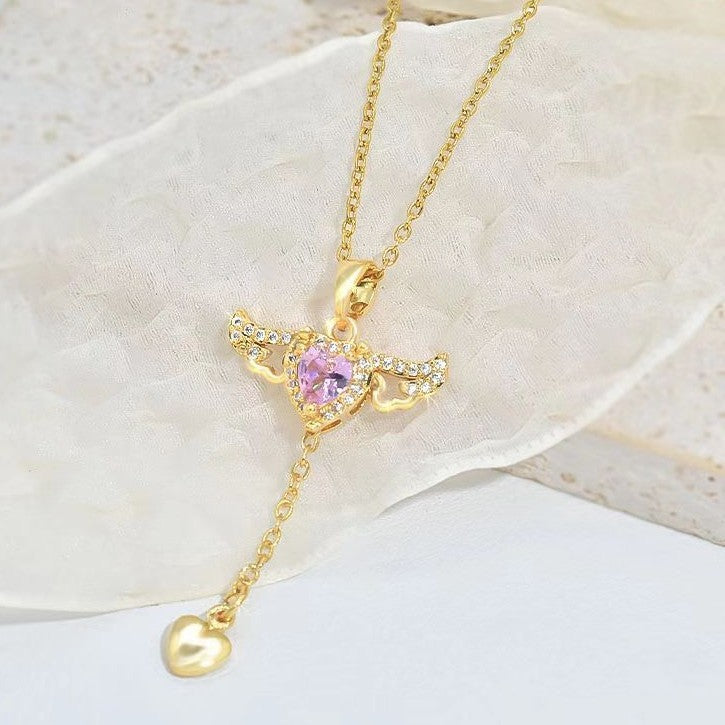 Collier Élégant avec Cristal - Ailes d'Ange et Cœur Mobile, Cadeau Idéal pour la Saint-Valentin et les Occasions Spéciales