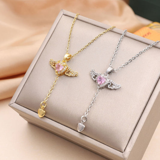 Collier Élégant avec Cristal - Ailes d'Ange et Cœur Mobile, Cadeau Idéal pour la Saint-Valentin et les Occasions Spéciales
