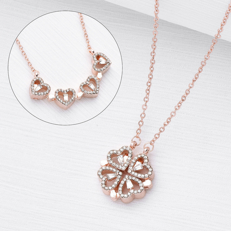 ✨ Collier Coeur Magnétique Rétro - Élégance Symbolique, Trèfle Porte-Bonheur 🍀 Cadeau Raffiné et Romantique 💖