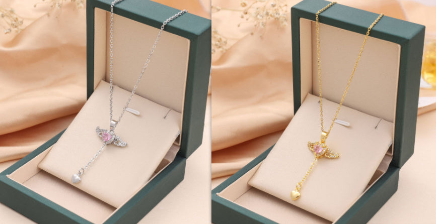Collier Élégant avec Cristal - Ailes d'Ange et Cœur Mobile, Cadeau Idéal pour la Saint-Valentin et les Occasions Spéciales