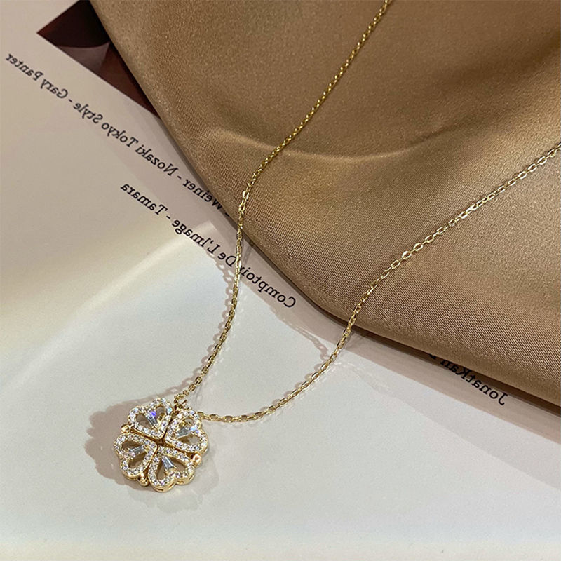 ✨ Collier Coeur Magnétique Rétro - Élégance Symbolique, Trèfle Porte-Bonheur 🍀 Cadeau Raffiné et Romantique 💖