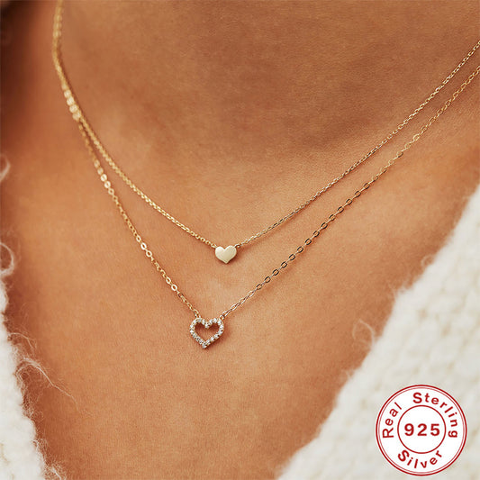 Collier en Argent Sterling Cœur Creux Double Couche - Design Élégant avec Diamant, Chic et Raffiné