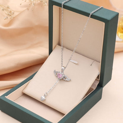 Collier Élégant avec Cristal - Ailes d'Ange et Cœur Mobile, Cadeau Idéal pour la Saint-Valentin et les Occasions Spéciales