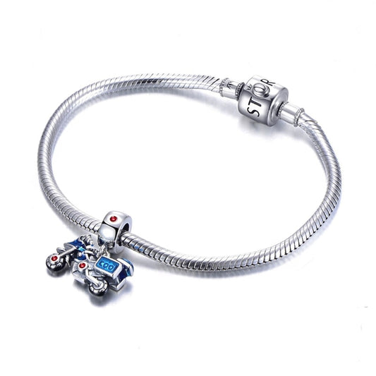 🌟 Bracelet en Argent Sterling S925 - Pendentif Moto Bleue Tendance, Fait Main, Accessoire Unique et Stylé